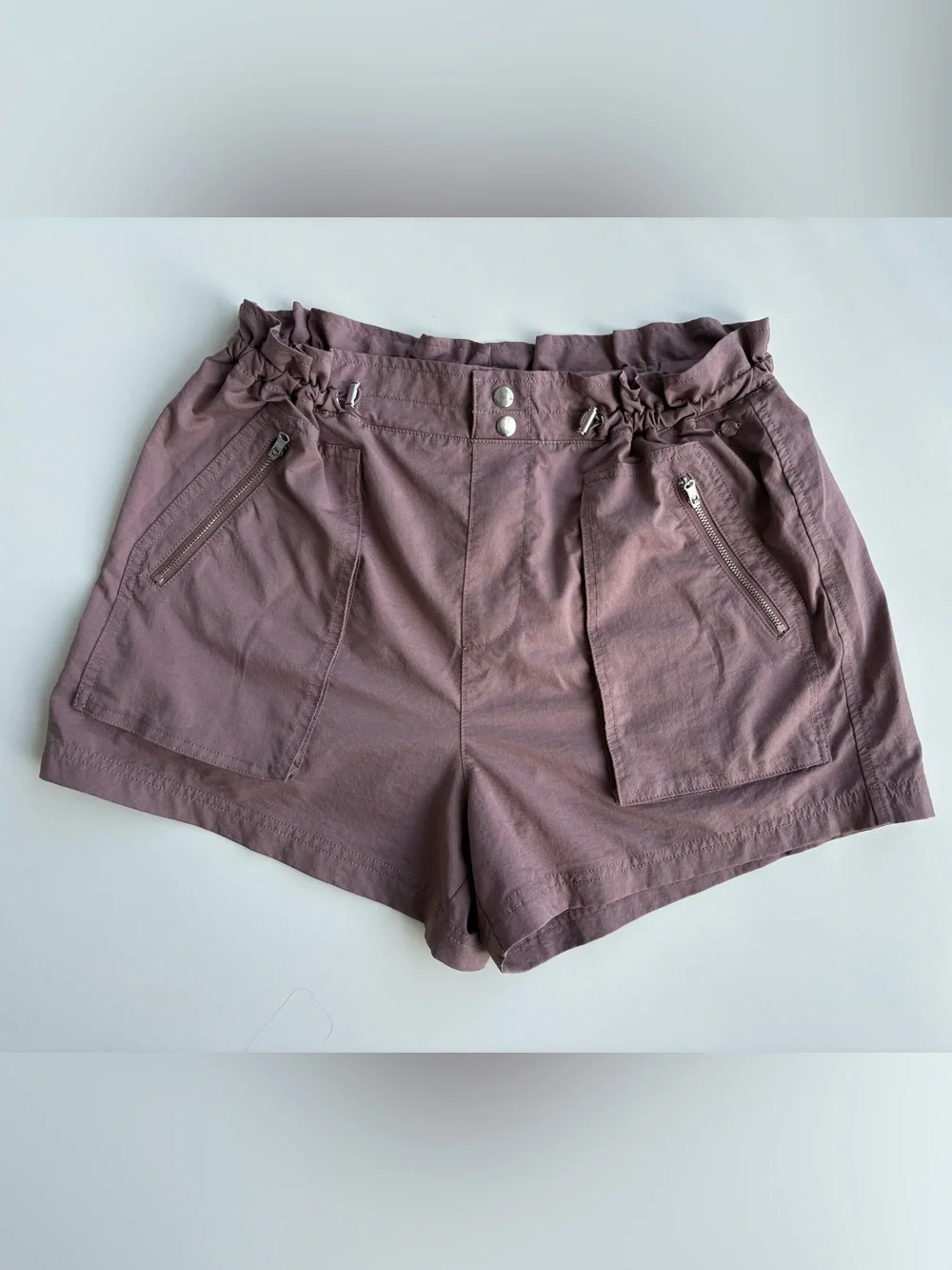 Calia Woven Paperbag Shorts High Rise Hazy Plum Color. Zipper pockets Sz M
